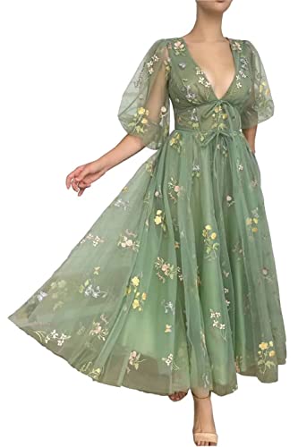 Damen Puffige Ärmel Ballkleider Blumen Stickerei Tüll Formal Abend Party Kleider, grün, 38 von WSEYU