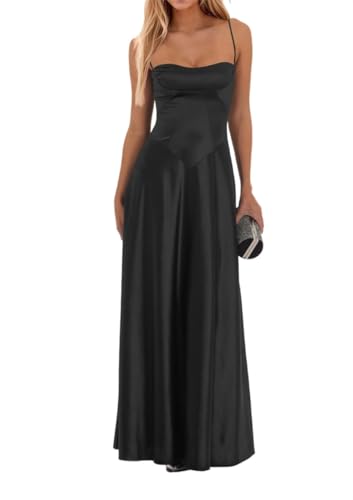 Damen Satin Brautjungfernkleider für Hochzeit Falten Cocktailkleider Dating Kleider Rückenfrei Übergröße, Schwarz , 32 von WSEYU