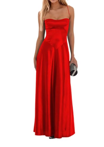 Damen Satin Brautjungfernkleider für Hochzeit Falten Cocktailkleider Dating Kleider Rückenfrei Übergröße, rot, 50 Plus von WSEYU