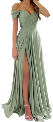 Damen Satin Brautjungfernkleider für Hochzeit Schulterfrei Ballkleid mit Schlitz Formale Partykleider, salbeigrün, 38 von WSEYU