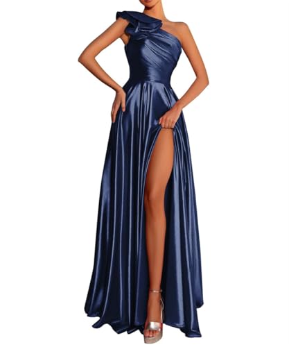 Damen Satin Cocktailkleider mit Taschen One Shoulder Brautjungfernkleider mit Schlitz Dating Kleider Übergröße, marineblau, 42 von WSEYU