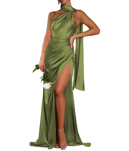 Damen-Satin-Kleid mit Schlitz, eine Schulter, formelles Meerjungfrau-Partykleid, olivgrün, 40 von WSEYU