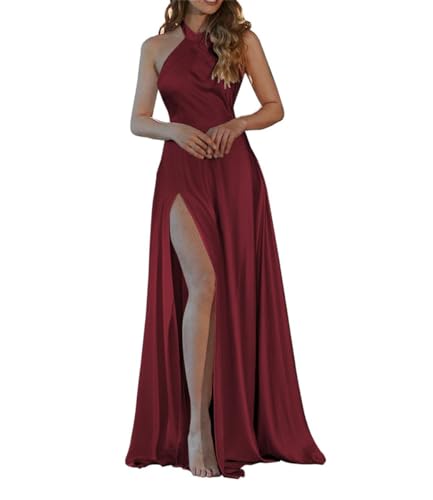 Damen Satin Neckholder A-Linie Brautjungfernkleider Lang Rückenfrei mit Seitenschlitz Abendkleid, burgunderfarben, 38 von WSEYU