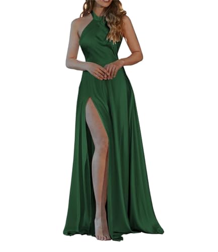 Damen Satin Neckholder A-Linie Brautjungfernkleider Lang Rückenfrei mit Seitenschlitz Abendkleid, smaragdgrün, 38 von WSEYU