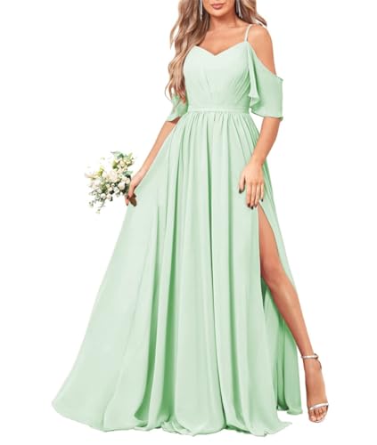 Damen Schulterfreies Brautjungfernkleid Lang Chiffon Formelles Kleid mit Schlitz, mintgrün, 34 von WSEYU