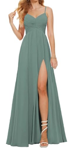 Damen Spaghettiträger Brautjungfernkleider für Hochzeit Chiffon Langes formelles Kleid mit Schlitz V-Ausschnitt Abendkleid, Eukalyptus, 32 von WSEYU