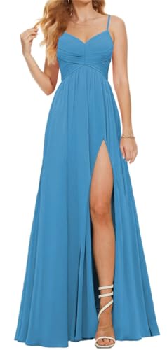 Damen Spaghettiträger Brautjungfernkleider für Hochzeit Chiffon Langes formelles Kleid mit Schlitz V-Ausschnitt Abendkleid, blau, 40 von WSEYU