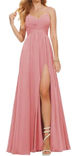 Damen Spaghettiträger Brautjungfernkleider für Hochzeit Chiffon Langes formelles Kleid mit Schlitz V-Ausschnitt Abendkleid, korallenrot, 32 von WSEYU