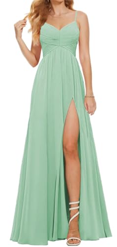 Damen Spaghettiträger Brautjungfernkleider für Hochzeit Chiffon Langes formelles Kleid mit Schlitz V-Ausschnitt Abendkleid, mintgrün, 34 von WSEYU