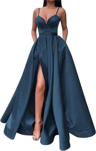 Damen Spaghettiträger Split Satin Ballkleid Lang Abend Party Kleider mit Taschen mit Taschen, blau - peacock blue, 42 von WSEYU