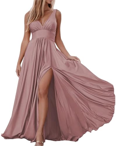 Damen V-Ausschnitt Ballkleid Lang Brautjungfernkleider mit Schlitz Satin Abendkleider Formelle Kleider mit Taschen, Dusty Rose, 48 Plus von WSEYU