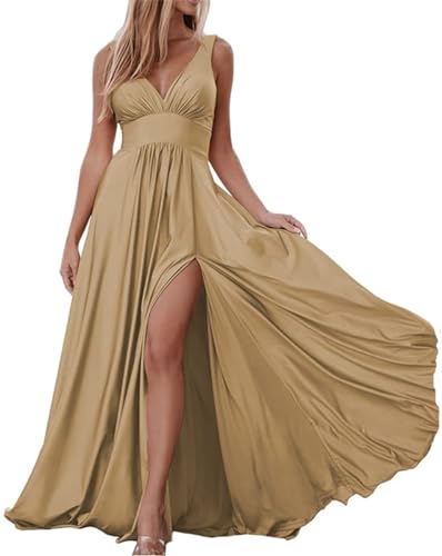 Damen V-Ausschnitt Ballkleid Lang Brautjungfernkleider mit Schlitz Satin Abendkleider Formelle Kleider mit Taschen, gold, 42 von WSEYU
