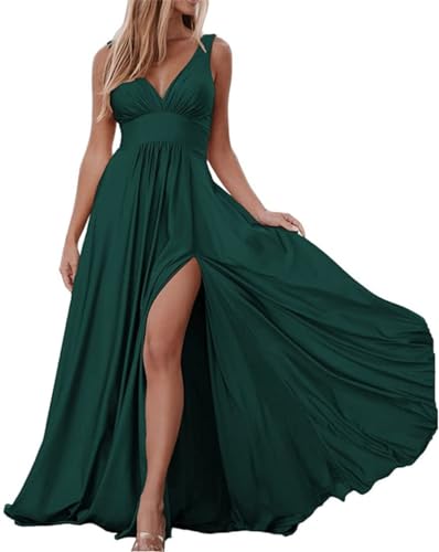 Damen V-Ausschnitt Ballkleid Lang Brautjungfernkleider mit Schlitz Satin Abendkleider Formelle Kleider mit Taschen, pfau, 52 Plus von WSEYU