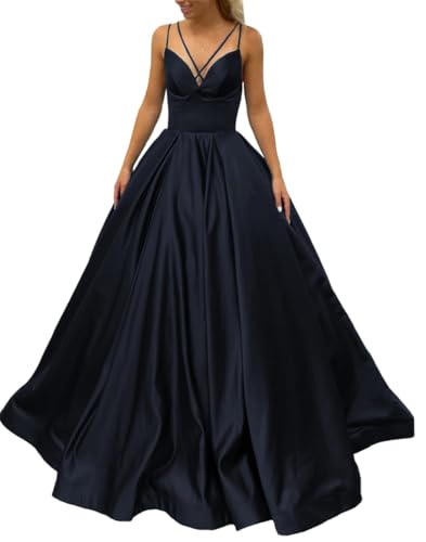 Damen V-Ausschnitt Ballkleider Satin Prinzessin Brautjungfernkleid Spaghettiträger Formelle Abend Party Ballkleid, navy, 38 von WSEYU
