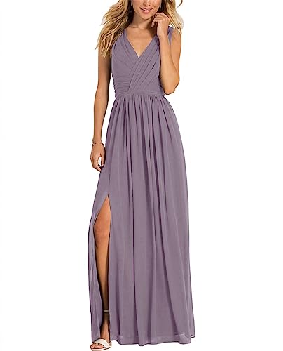 Damen V-Ausschnitt Brautjungfernkleider Lang Chiffon Plissee A-Linie Formelles Abendkleid mit Schlitz, Wisteria, 58 Plus von WSEYU