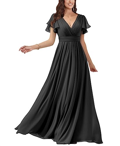 Damen V-Ausschnitt Brautjungfernkleider für Hochzeit Fultter Ärmel Chiffon Langes formelles Abendkleid mit Taschen, Schwarz , 52 Plus von WSEYU