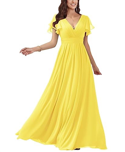 Damen V-Ausschnitt Brautjungfernkleider für Hochzeit Fultter Ärmel Chiffon Langes formelles Abendkleid mit Taschen, gelb, 56 Plus von WSEYU