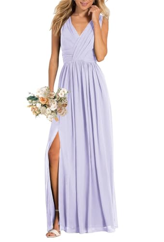 Damen V-Ausschnitt Brautjungfernkleider für Hochzeit Split A Linie Lange Formelle Kleider mit Taschen, Flieder, 36 von WSEYU