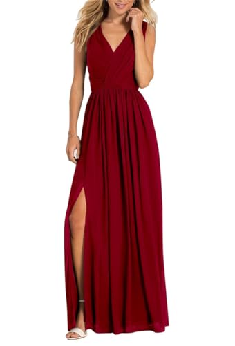 Damen V-Ausschnitt Brautjungfernkleider für Hochzeit Split A Linie Lange Formelle Kleider mit Taschen, burgunderfarben, 38 von WSEYU