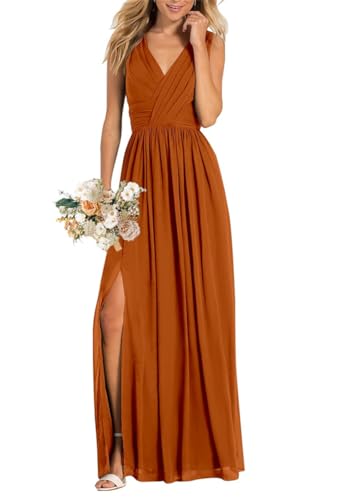 Damen V-Ausschnitt Brautjungfernkleider für Hochzeit Split A Linie Lange Formelle Kleider mit Taschen, burnt orange, 36 von WSEYU