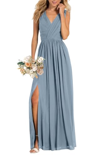Damen V-Ausschnitt Brautjungfernkleider für Hochzeit Split A Linie Lange Formelle Kleider mit Taschen, dusty blue, 38 von WSEYU