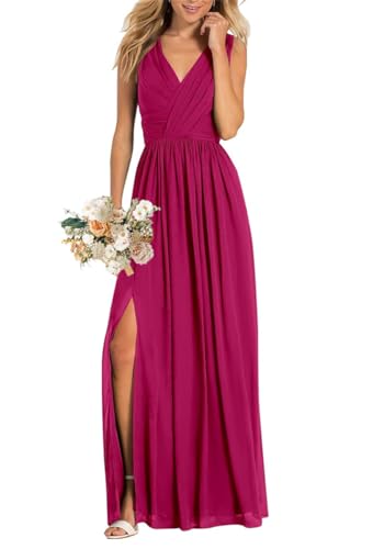 Damen V-Ausschnitt Brautjungfernkleider für Hochzeit Split A Linie Lange Formelle Kleider mit Taschen, fuchsia, 44 von WSEYU