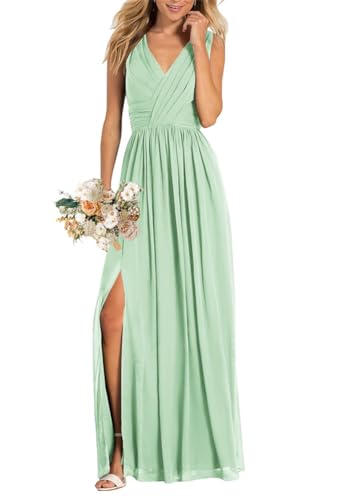Damen V-Ausschnitt Brautjungfernkleider für Hochzeit Split A Linie Lange Formelle Kleider mit Taschen, mintgrün, 44 von WSEYU