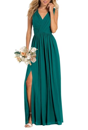 Damen V-Ausschnitt Brautjungfernkleider für Hochzeit Split A Linie Lange Formelle Kleider mit Taschen, petrol, 42 von WSEYU