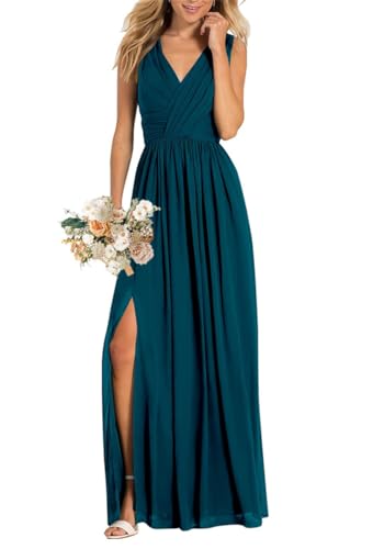 Damen V-Ausschnitt Brautjungfernkleider für Hochzeit Split A Linie Lange Formelle Kleider mit Taschen, pfau, 36 von WSEYU