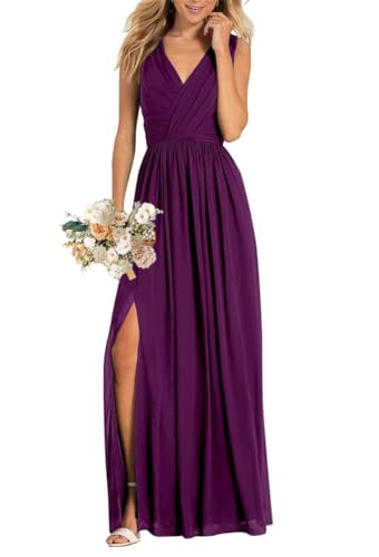 Damen V-Ausschnitt Brautjungfernkleider für Hochzeit Split A Linie Lange Formelle Kleider mit Taschen, pflaume, 48 Plus von WSEYU