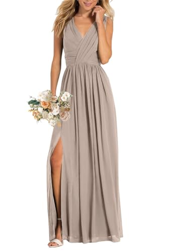 Damen V-Ausschnitt Brautjungfernkleider für Hochzeit Split A Linie Lange Formelle Kleider mit Taschen, taupe, 38 von WSEYU