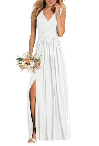 Damen V-Ausschnitt Brautjungfernkleider für Hochzeit Split A Linie Lange Formelle Kleider mit Taschen, weiß, 58 Plus von WSEYU