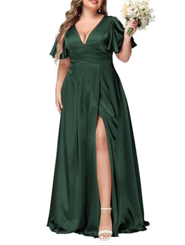 Damen V-Ausschnitt Brautjungfernkleider mit Schlitz Lange Kurze Ärmel Satin A-Linie Formelles Kleid mit Taschen 2023, dunkelgrün, 48 von WSEYU