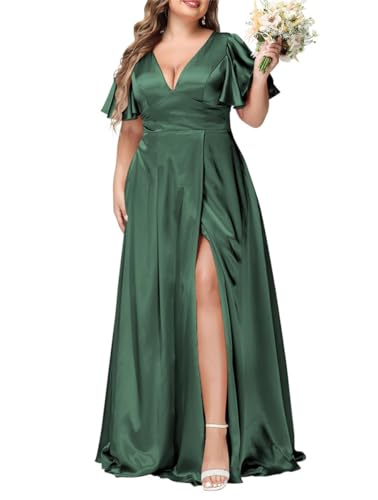 WSEYU Damen V-Ausschnitt Brautjungfernkleider mit Schlitz Lange Kurze Ärmel Satin A-Linie Formelles Kleid mit Taschen 2023, smaragdgrün, 48 Plus von WSEYU