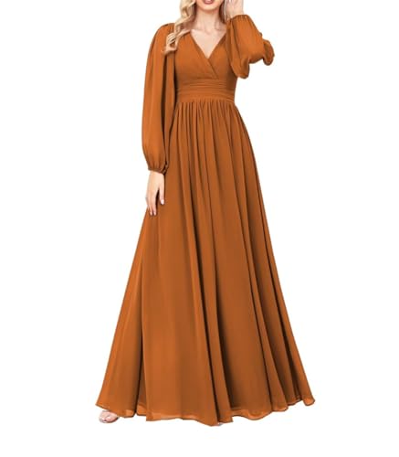 Damen V-Ausschnitt Chiffon Brautjungfer Kleider Langarm Geraffte A Linie Formale Abendkleid, burnt orange, 38 von WSEYU