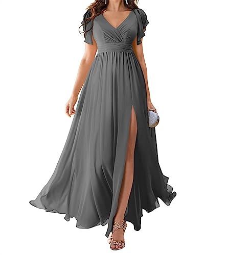 Damen V-Ausschnitt Chiffon Kurzarm Brautjungfernkleider Lang 2023 Hoher Schlitz Plissee Formelles Partykleid, grau, 44 von WSEYU