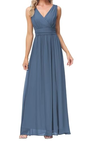 Doppelter V-Ausschnitt Prinzessin Brautjungfernkleider mit geteiltem Abschlussballkleid Sommer Chiffon formelle Abendparty Kleid, dusty blue, 56 Plus von WSEYU