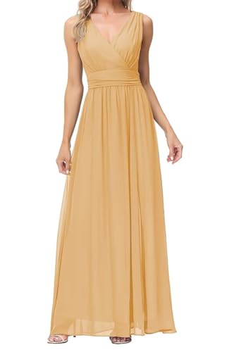 Doppelter V-Ausschnitt Prinzessin Brautjungfernkleider mit geteiltem Abschlussballkleid Sommer Chiffon formelle Abendparty Kleid, gold, 52 Plus von WSEYU