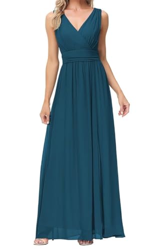 Doppelter V-Ausschnitt Prinzessin Brautjungfernkleider mit geteiltem Abschlussballkleid Sommer Chiffon formelle Abendparty Kleid, pfau, 38 von WSEYU