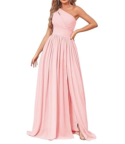 Eine Schulter Brautjungfernkleider lang mit Schlitztaschen Chiffon formelles Kleid für Frauen, Blush Pink, 52 von WSEYU