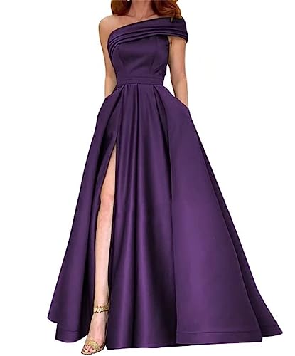Eine Schulter Satin Prom Kleid mit Schlitz Lange Abendkleider für Frauen Formale mit Taschen A Linie Hochzeit Party Kleid, grape, 38 von WSEYU
