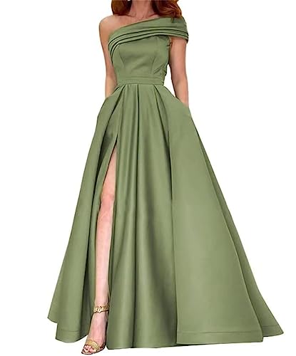 Eine Schulter Satin Prom Kleid mit Schlitz Lange Abendkleider für Frauen Formale mit Taschen A Linie Hochzeit Party Kleid, olivgrün, 42 von WSEYU