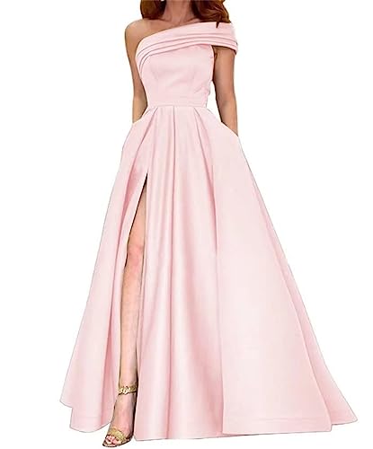 Eine Schulter Satin Prom Kleid mit Schlitz Lange Abendkleider für Frauen Formale mit Taschen A Linie Hochzeit Party Kleid, rose, 44 von WSEYU