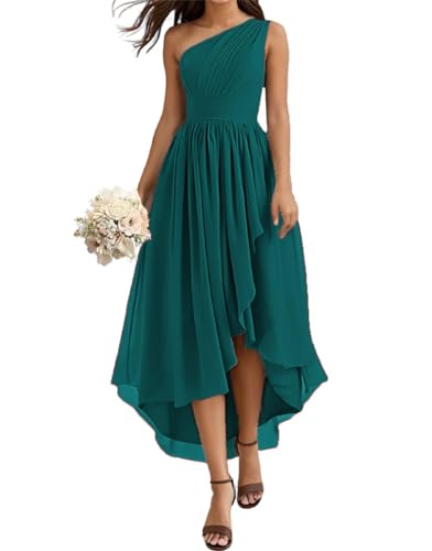 Einschultriges Brautjungfernkleid für Damen, Chiffon, plissiert, Rüschen, hoch niedrig, formelle Kleider, Abendkleider, blaugrün, 44 von WSEYU