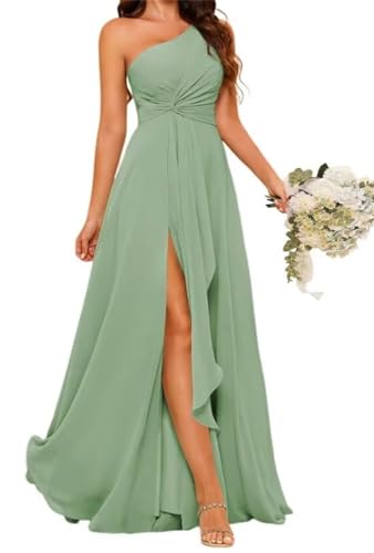 Einschultriges Prinzessinnenkleid, Brautjungfernkleid, plissiert, Ballkleid, Chiffon, formelle Abendkleid, Partykleid mit Schlitz, Dusty Sage, 48 Plus von WSEYU