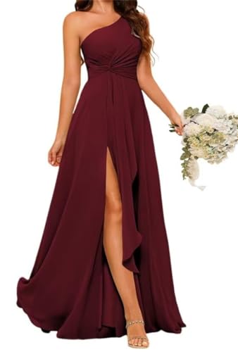 Einschultriges Prinzessinnenkleid, Brautjungfernkleid, plissiert, Ballkleid, Chiffon, formelle Abendkleid, Partykleid mit Schlitz, burgunderfarben, 40 von WSEYU