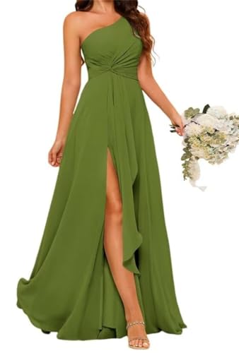 Einschultriges Prinzessinnenkleid, Brautjungfernkleid, plissiert, Ballkleid, Chiffon, formelle Abendkleid, Partykleid mit Schlitz, olivgrün, 52 Plus von WSEYU