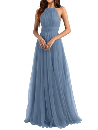 Halfter Brautjungfer Kleider für Frauen Lange Tüll A-Linie Plissee Formale Kleider für Hochzeit, dusty blue, 38 von WSEYU