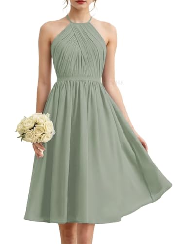 Halfter Prinzessin Brautjungfernkleider Plissee kurz Ballkleider Chiffon formelle Abendparty Kleid, Dusty Sage, 36 von WSEYU