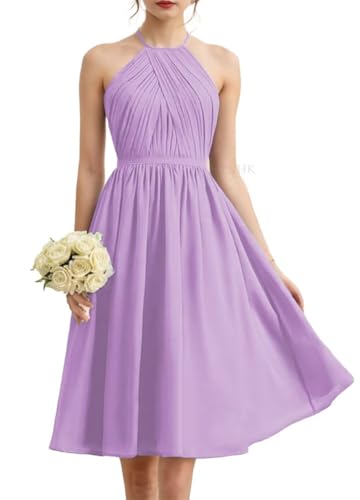 Halfter Prinzessin Brautjungfernkleider Plissee kurz Ballkleider Chiffon formelle Abendparty Kleid, Flieder, 34 von WSEYU